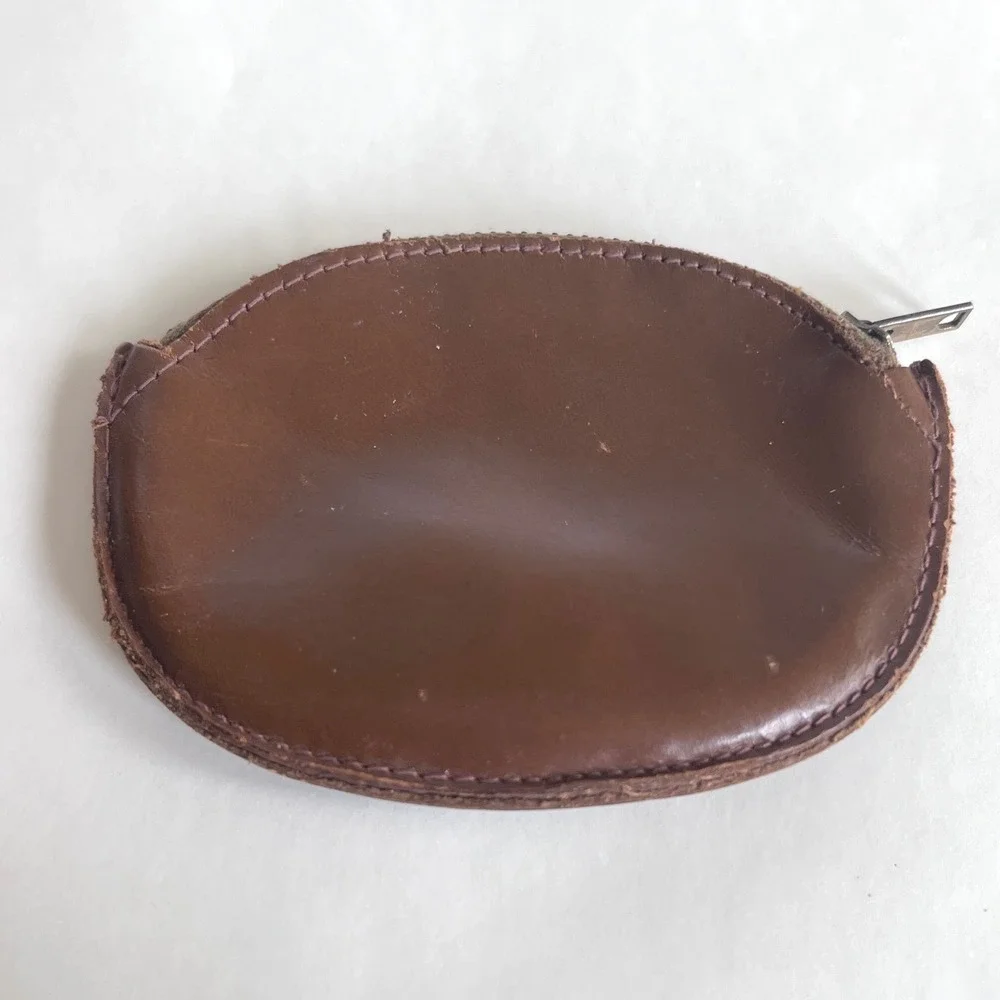 Vintage Brown Top Grain Cowhide Leather Coin Purse Oval Zip Pouch Talon Zipper